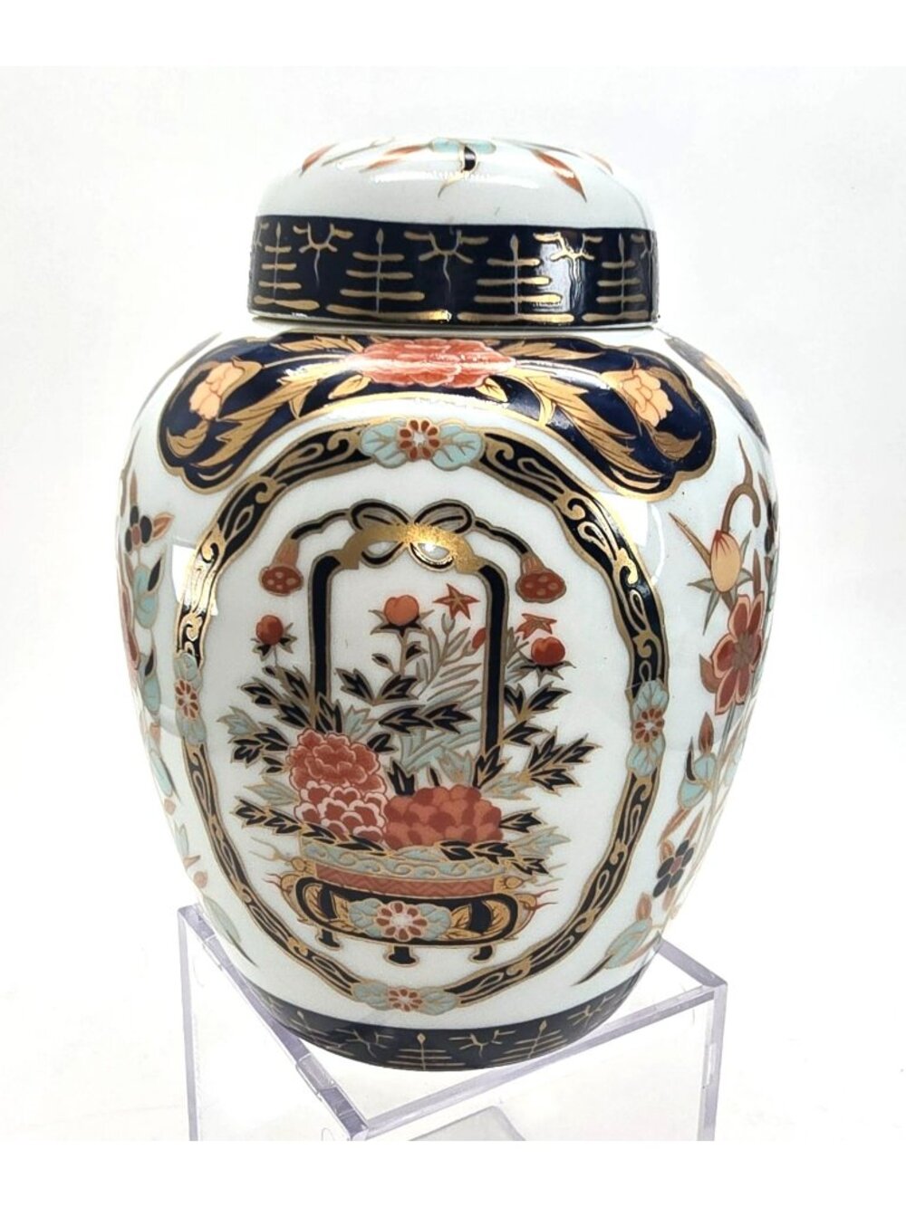 Vintage Hand-Painted Porcelain Ginger Jar With Floral & Gold Accents JE354